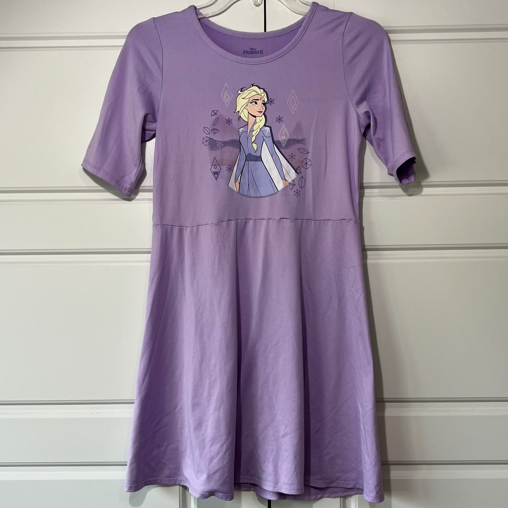 Disney Frozen II Elsa Purple Dress 3/4‎ Sleeve Character Print Youth Large 10-12